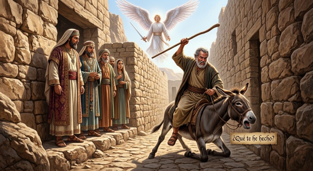 Ilustración: en una senda angosta entre muros de piedra, Balaam, enojado, levanta un palo para golpear a su asna, que se ha echado en el suelo; arriba, un ángel con la espada desenvainada le cierra el paso, y a un lado unos hombres ricamente vestidos observan. Un letrero dice: «¿Qué te he hecho?».