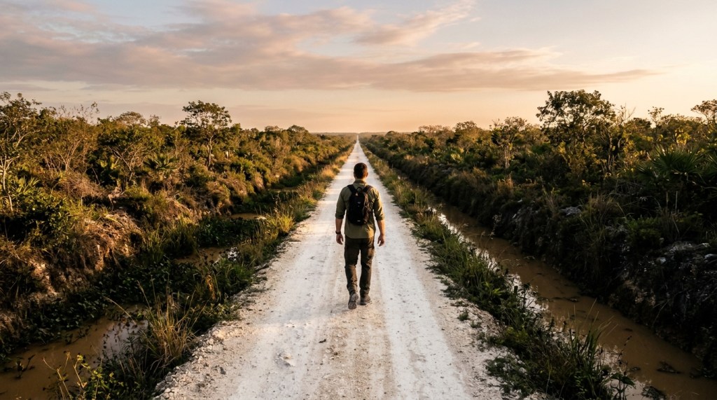 Imagen ilustrativa: un hombre camina de espaldas por el centro de un camino recto de tierra blanca, al atardecer, entre la vegetación de selva baja; a cada lado del camino hay una zanja con agua lodosa.