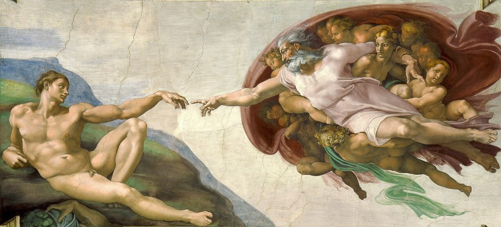 Fresco de Miguel Ángel en la Capilla Sixtina: Dios extiende su mano hacia Adán, cuyos dedos casi se tocan