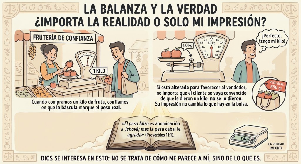 Ilustración: en un mercado, una báscula honesta marca un kilo de fruta; en otra escena, una báscula alterada marca 1 kg aunque la bolsa solo tiene 850 g, mientras el cliente cree que recibió su kilo. Al centro, una Biblia abierta con Proverbios 11:1: «El peso falso es abominación a Jehová; mas la pesa cabal le agrada».