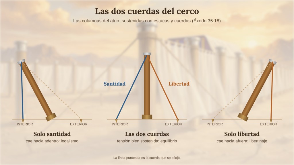 Diagrama sobre una ilustración desenfocada del atrio del tabernáculo. Tres columnas: a la izquierda, solo con la cuerda de la santidad, la columna cae hacia adentro (legalismo); al centro, con las dos cuerdas, Santidad hacia el interior y Libertad hacia el exterior, la columna se mantiene derecha (equilibrio); a la derecha, solo con la cuerda de la libertad, cae hacia afuera (libertinaje).