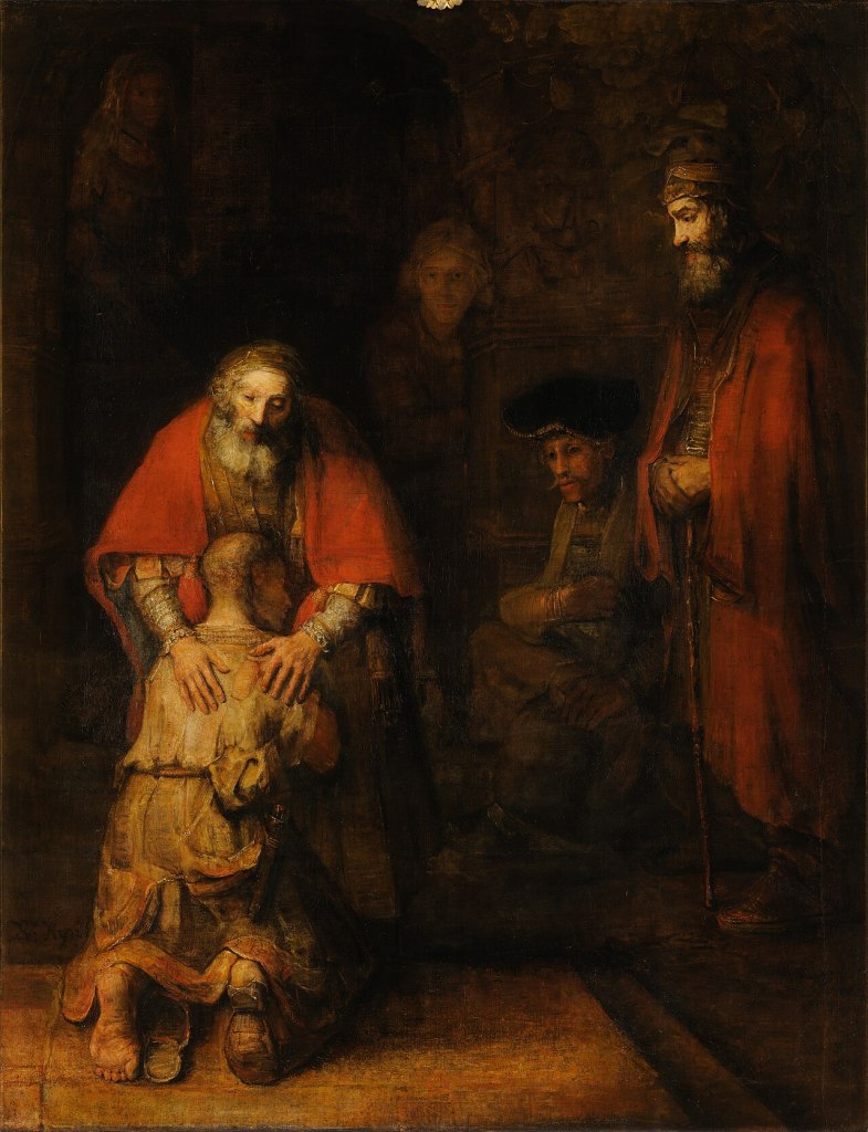 Pintura de Rembrandt: un padre anciano abraza a su hijo arrodillado y harapiento, iluminado en medio de la penumbra